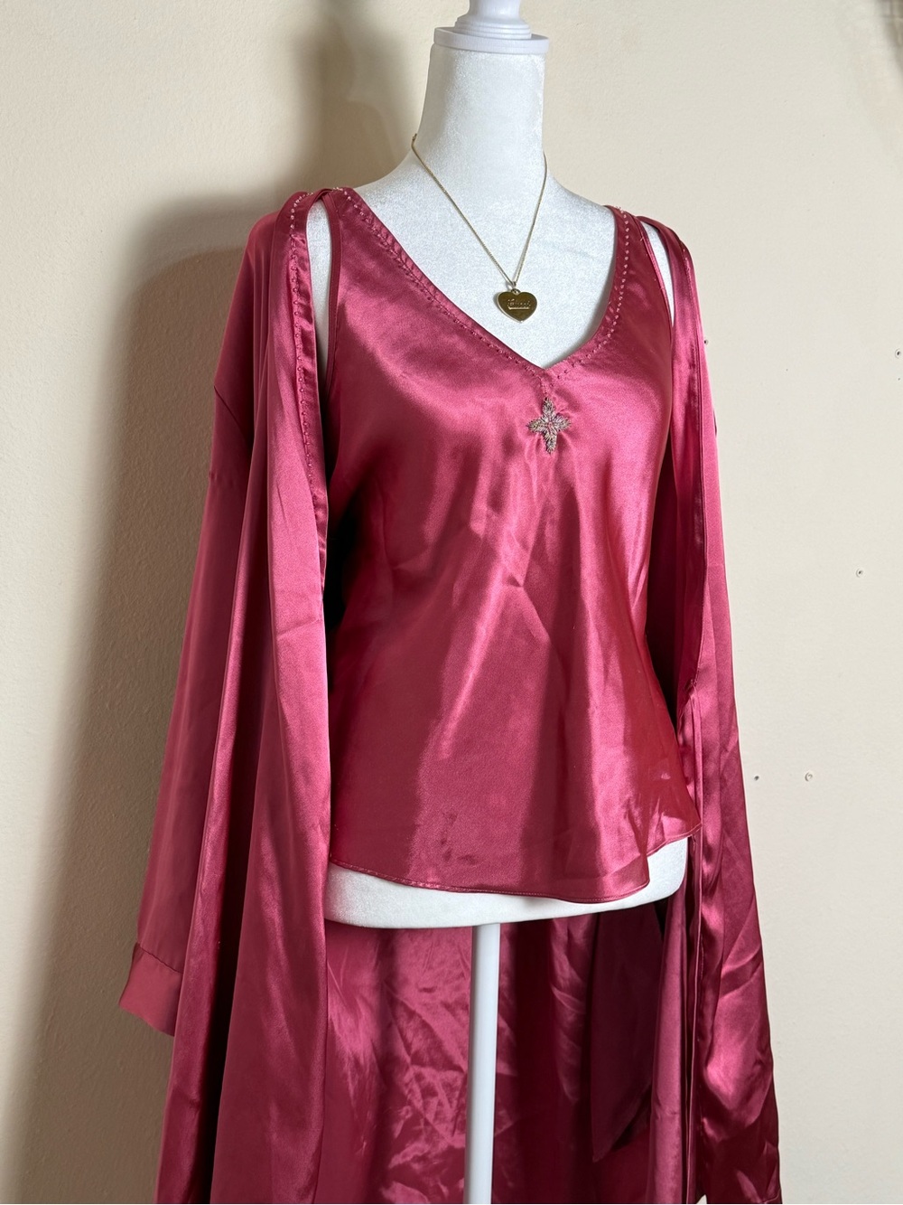 Satin V-Neck Cami & Robe Set - Rose